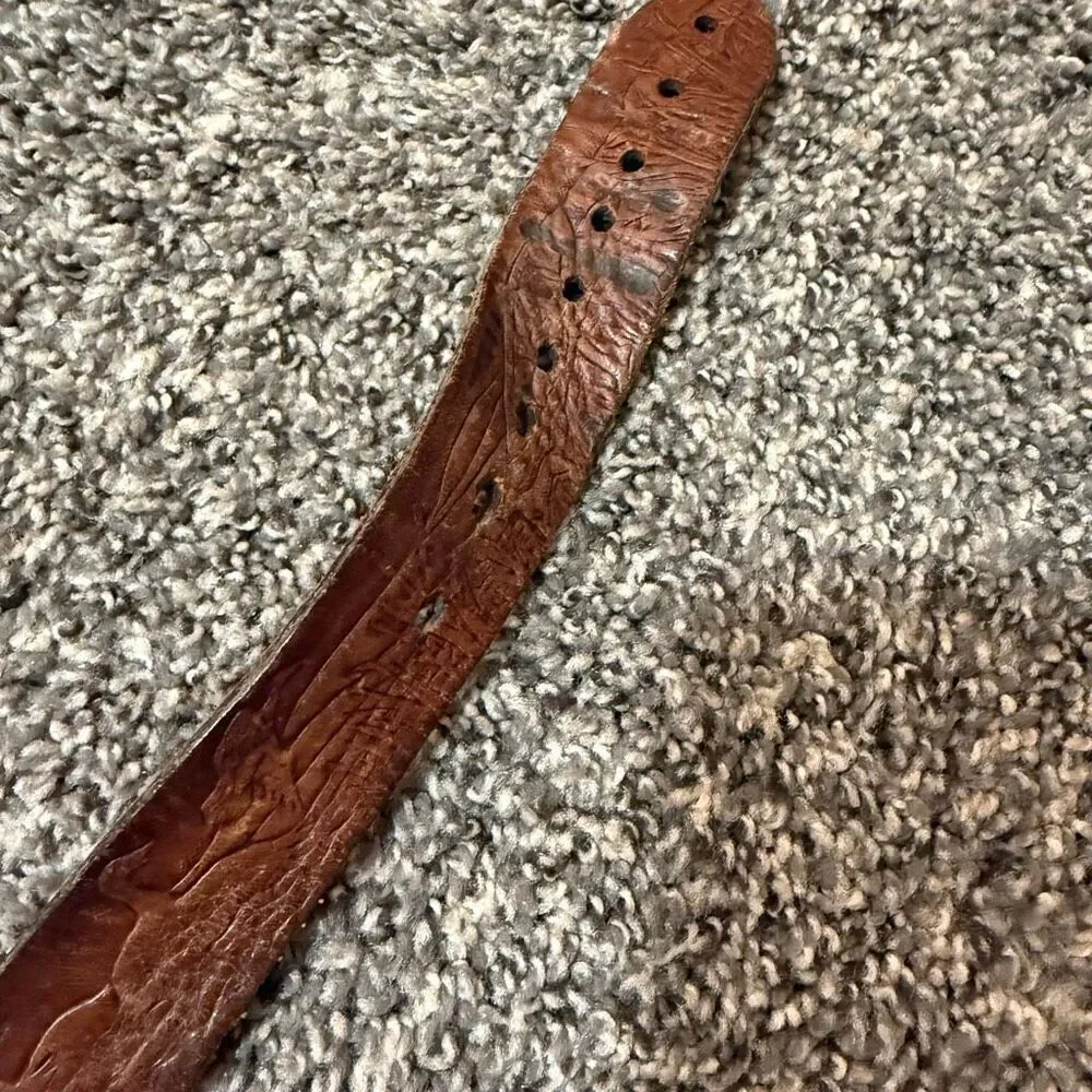 Vintage Western Lock Buckle Brown Embossed Belt Leather 35-40” Hunting Bonnevill
